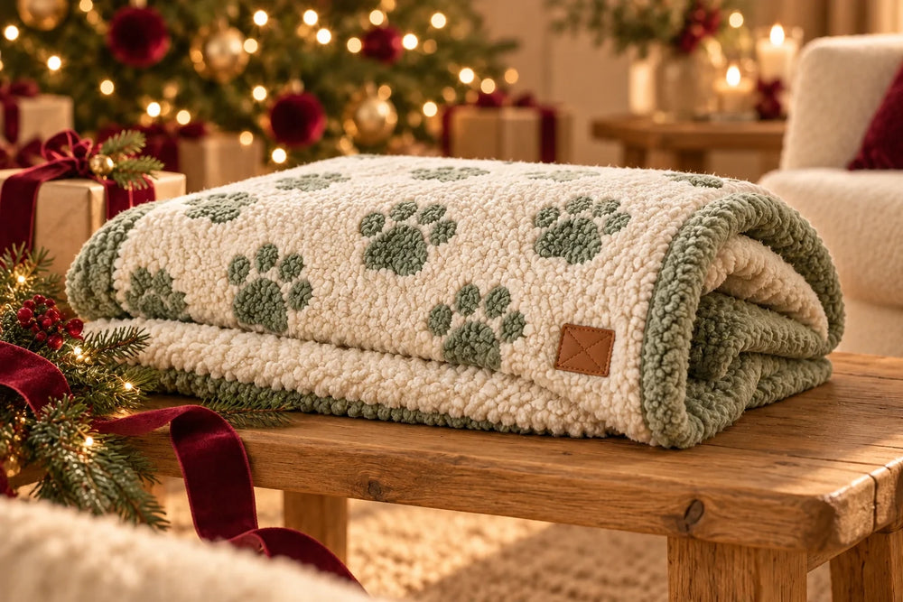 Plaids et couchages dans un décor de Noël — exemple illustratif